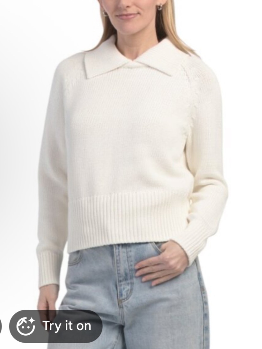 Magaschoni Ivory Pointed Collar Crew Sweater